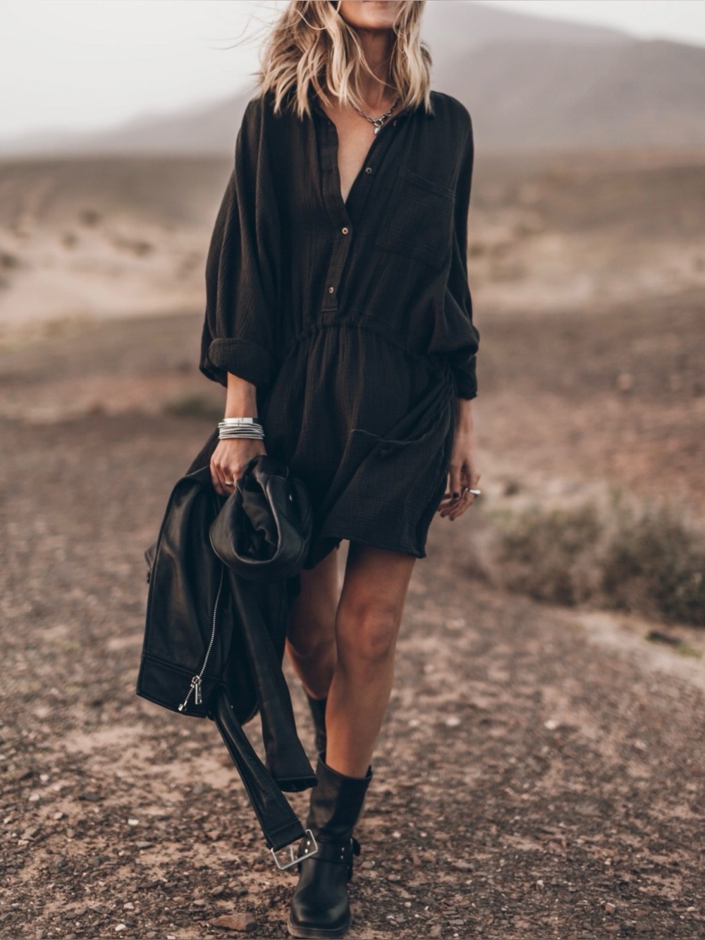 Black Button-Front Casual Shirt Dress